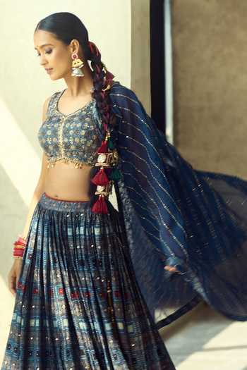 Samyukta Singhania_Blue Organza, Satin, Viscose, Modal Tassels Printed Lehenga Set With Dupatta 