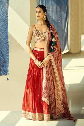 Shop_Samyukta Singhania_Gold Satin, Viscose, Modal, Chinon Embroidery, Zari, Gota Thread Lehenga Set _at_Aza_Fashions