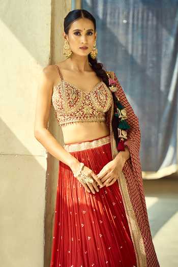 Samyukta Singhania_Gold Satin, Viscose, Modal, Chinon Embroidery, Zari, Gota Thread Lehenga Set 