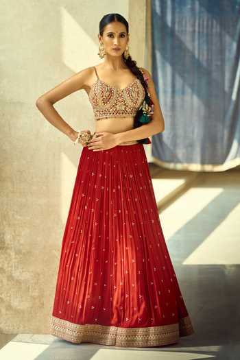 Samyukta Singhania_Gold Satin, Viscose, Modal, Chinon Embroidery, Zari, Gota Thread Lehenga Set 