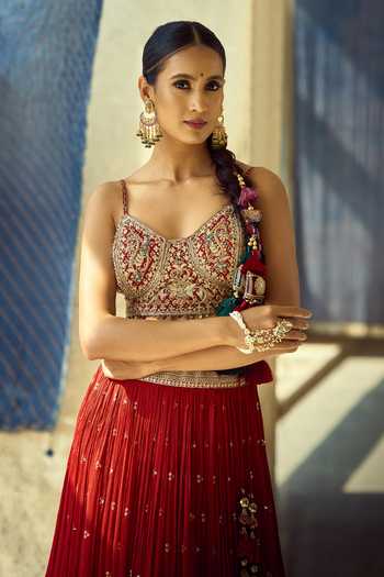 Samyukta Singhania_Gold Satin, Viscose, Modal, Chinon Embroidery, Zari, Gota Thread Lehenga Set 