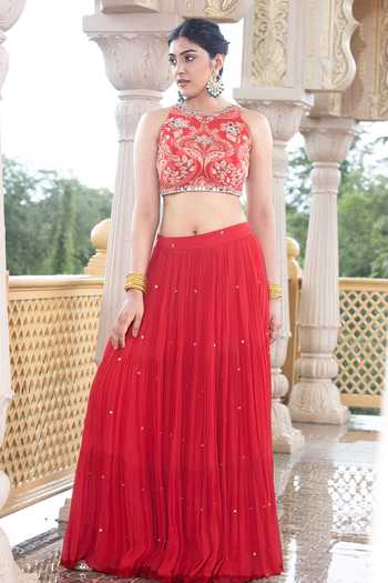 Buy_Sajeda A Lehry_Red Georgette, Crepe Sequins, Embroidery, Amaaya Sleeveless Crop Top With Skirt _at_Aza_Fashions