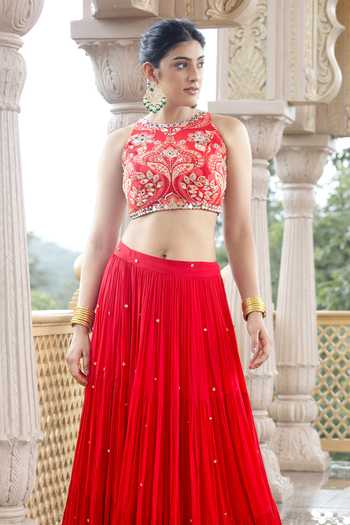 Shop_Sajeda A Lehry_Red Georgette, Crepe Sequins, Embroidery, Amaaya Sleeveless Crop Top With Skirt _at_Aza_Fashions