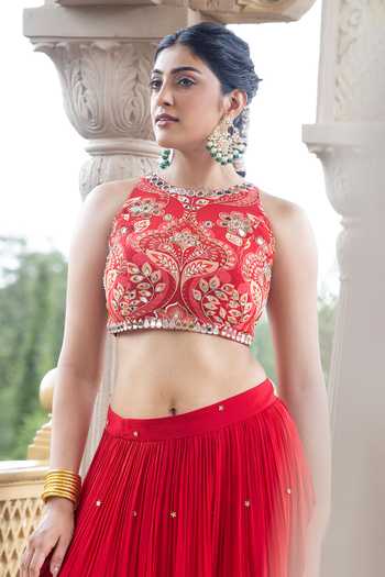 Buy_Sajeda A Lehry_Red Georgette, Crepe Sequins, Embroidery, Amaaya Sleeveless Crop Top With Skirt _Online_at_Aza_Fashions