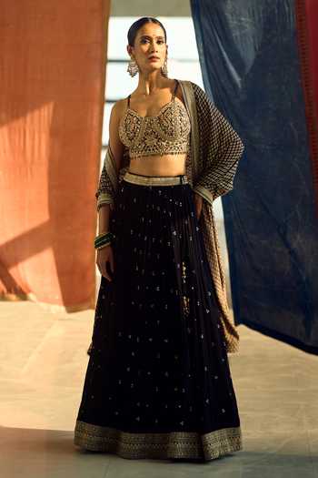 Shop_Samyukta Singhania_Black Satin, Viscose, Modal, Chinon Zari, Sequins, Embroidered Lehenga Set _at_Aza_Fashions