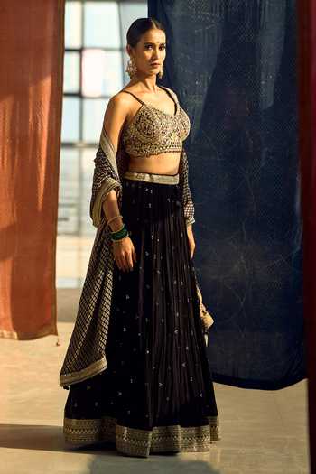Samyukta Singhania_Black Satin, Viscose, Modal, Chinon Zari, Sequins, Embroidered Lehenga Set 