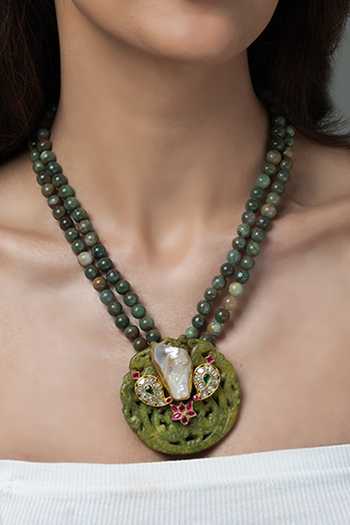 Shop_Joules by Radhika_Green Beads, Pearls, Stones, Crystals Dual-strand Artistic Long Necklace _at_Aza_Fashions