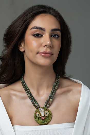 Buy_Joules by Radhika_Green Beads, Pearls, Stones, Crystals Dual-strand Artistic Long Necklace _at_Aza_Fashions