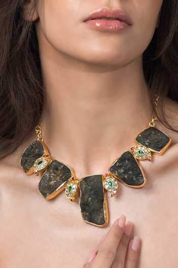 Shop_Joules by Radhika_Gold Plated Stones Smoky Quartz Slice Necklace _at_Aza_Fashions