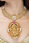 Shop_Joules by Radhika_Gold Plated Stones Ganesha Temple Pendant Necklace _at_Aza_Fashions
