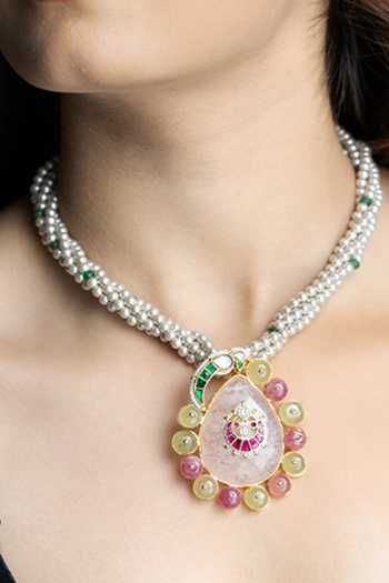 Shop_Joules by Radhika_White Pearls, Stones Utsav Embellished Pendant Necklace _at_Aza_Fashions
