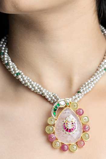 Joules by Radhika_White Pearls, Stones Utsav Embellished Pendant Necklace _Online_at_Aza_Fashions