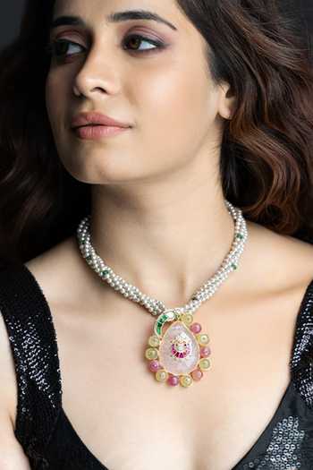 Buy_Joules by Radhika_White Pearls, Stones Utsav Embellished Pendant Necklace _at_Aza_Fashions