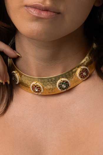 Joules by Radhika_Gold Plated Stones Wide Statement Collar Necklace _Online_at_Aza_Fashions