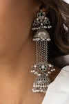 Shop_Joules by Radhika_Silver Plated Beads, Pearls, Stones Ornate Layered Bell Earrings _at_Aza_Fashions