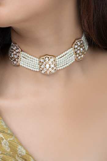 Shop_Joules by Radhika_White Beads, Pearls, Stones Embellished Layered Choker _at_Aza_Fashions