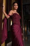 Shop_Nikunj By NIIDHI BAJAJ_Wine Satin Embroidery, Beads Sweetheart Neck Laila Draped Saree With Corset _Online_at_Aza_Fashions