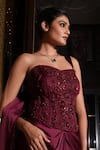 Nikunj By NIIDHI BAJAJ_Wine Satin Embroidery, Beads Sweetheart Neck Laila Draped Saree With Corset _at_Aza_Fashions