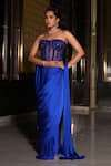 Buy_Nikunj By NIIDHI BAJAJ_Blue Satin Embroidery, Sequins Sweetheart Neck Zoyah Draped Saree With Corset _at_Aza_Fashions