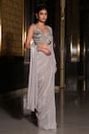 Nikunj By NIIDHI BAJAJ_Silver Georgette Sequins, Beads, Stones, Adeena Pre-draped Saree With Blouse _Online_at_Aza_Fashions