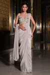Buy_Nikunj By NIIDHI BAJAJ_Silver Georgette Sequins, Beads, Stones, Adeena Pre-draped Saree With Blouse _at_Aza_Fashions