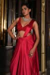 Nikunj By NIIDHI BAJAJ_Red Satin Embroidery V-neck Sarin Pre-draped Saree With Blouse _Online_at_Aza_Fashions