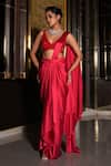 Buy_Nikunj By NIIDHI BAJAJ_Red Satin Embroidery V-neck Sarin Pre-draped Saree With Blouse _at_Aza_Fashions