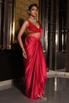 Shop_Nikunj By NIIDHI BAJAJ_Red Satin Embroidery V-neck Sarin Pre-draped Saree With Blouse _Online_at_Aza_Fashions