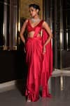 Nikunj By NIIDHI BAJAJ_Red Satin Embroidery V-neck Sarin Pre-draped Saree With Blouse _at_Aza_Fashions