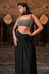 Shop_Nikunj By NIIDHI BAJAJ_Black Lycra Embroidery, Tassels Square Neck Zarrah Draped Skirt Set _Online_at_Aza_Fashions