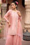 Nikunj By NIIDHI BAJAJ_Pink Silk, Georgette, Net Pearls, Beads Round Neck, Asymmetric Kurta Sharara Set _Online_at_Aza_Fashions