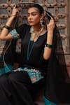 Nikunj By NIIDHI BAJAJ_Black Satin, Organza Embroidery V-neck, Yes Midnight Noir Hand Kurta Set _Online_at_Aza_Fashions