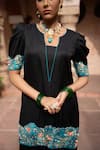 Buy_Nikunj By NIIDHI BAJAJ_Black Satin, Organza Embroidery V-neck, Yes Midnight Noir Hand Kurta Set _Online_at_Aza_Fashions