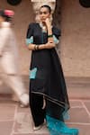 Nikunj By NIIDHI BAJAJ_Black Satin, Organza Embroidery V-neck, Yes Midnight Noir Hand Kurta Set _at_Aza_Fashions