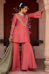 Shop_Nikunj By NIIDHI BAJAJ_Pink Tissue Embroidery, Zari V-neck, Yes Gulabi Raag Hand Work Kurta Gharara Set _at_Aza_Fashions