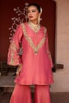Shop_Nikunj By NIIDHI BAJAJ_Pink Tissue Embroidery, Zari V-neck, Yes Gulabi Raag Hand Work Kurta Gharara Set _Online_at_Aza_Fashions