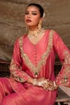 Buy_Nikunj By NIIDHI BAJAJ_Pink Tissue Embroidery, Zari V-neck, Yes Gulabi Raag Hand Work Kurta Gharara Set 