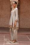 Nikunj By NIIDHI BAJAJ_Grey Tissue Embroidery, Zari, Cut Work V-neck, Chaand Baali Anarkali Set _Online_at_Aza_Fashions