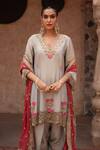 Nikunj By NIIDHI BAJAJ_Grey Tissue Embroidery, Zari, Cut Work V-neck, Chaand Baali Anarkali Set _at_Aza_Fashions