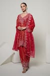 Buy_OHH CROW_Coral Silk, Tissue, Organza Mirrors, Sequins V-neck, Yes Work Kurta Set _at_Aza_Fashions