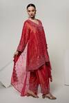 OHH CROW_Coral Silk, Tissue, Organza Mirrors, Sequins V-neck, Yes Work Kurta Set _Online_at_Aza_Fashions