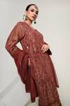 OHH CROW_Brown Silk, Tissue, Organza Mirrors V-neck Work Kurta Set _at_Aza_Fashions