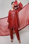 Shop_OHH CROW_Red Silk, Tissue, Organza Mirrors Round Neck, Yes Embroidered Kurta Set _Online_at_Aza_Fashions