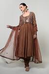 Buy_OHH CROW_Brown Silk, Tissue, Organza, Chanderi Mirrors, Embroidery Work Anarkali Set _at_Aza_Fashions