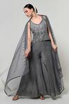 OHH CROW_Grey Silk, Tissue, Organza Embroidery, Sequins, Mirrors Corset Sharara Set _Online_at_Aza_Fashions