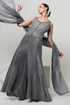 OHH CROW_Grey Silk, Tissue, Organza Embroidery, Sequins, Mirrors Corset Sharara Set _Online