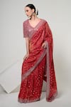 OHH CROW_Coral Silk, Tissue, Satin Mirrors, Tassels V-neck Work Saree With Blouse _Online_at_Aza_Fashions