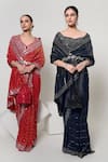 Shop_OHH CROW_Coral Silk, Tissue, Satin Mirrors, Tassels V-neck Work Saree With Blouse _Online_at_Aza_Fashions