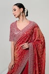 OHH CROW_Coral Silk, Tissue, Satin Mirrors, Tassels V-neck Work Saree With Blouse _at_Aza_Fashions
