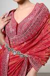 Shop_OHH CROW_Coral Silk, Tissue, Satin Mirrors, Tassels V-neck Work Saree With Blouse 